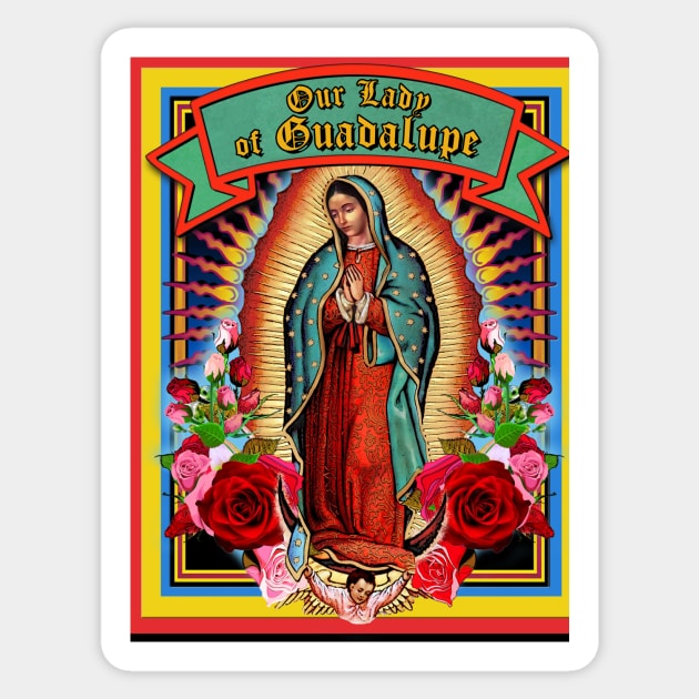 Guadalupe Virgin Mary Milagro Holy Card Sticker by Cabezon